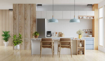 Modern kitchen interior with furniture,kitchen interior with white wall.3D rendering